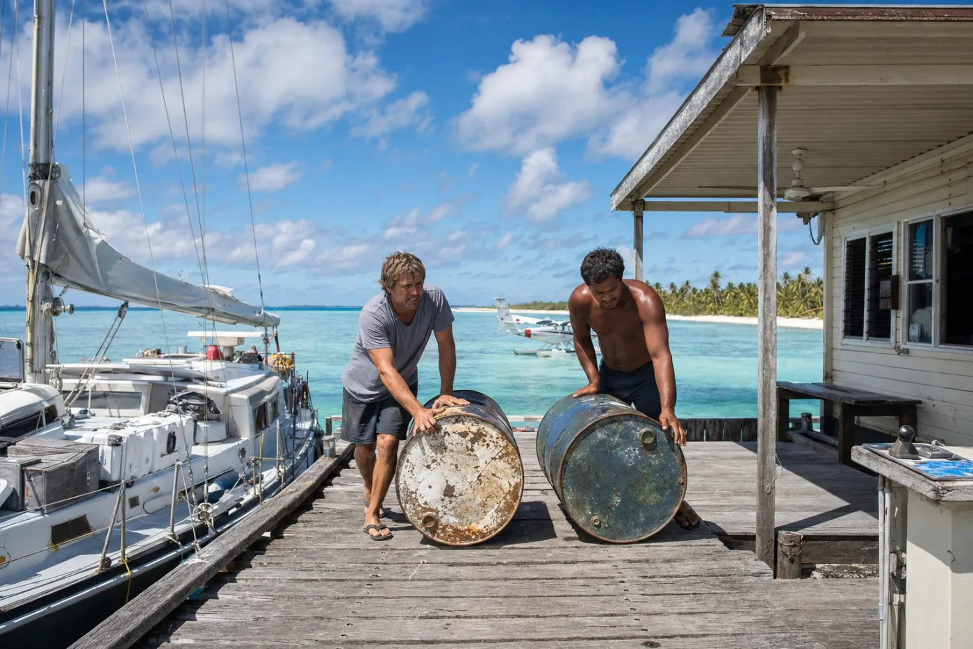 Fuel drums being rolled along a wooden jetty beside a yacht
